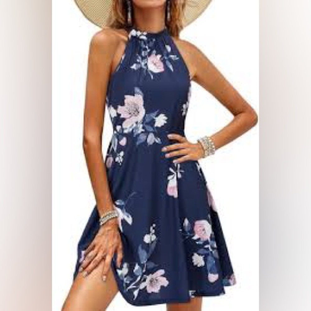 OUGES Floral Wedding Guest Halter Dress - Navy and Pink